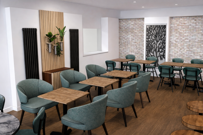 Modern café interior with wooden tables, green chairs, and decorative plants.