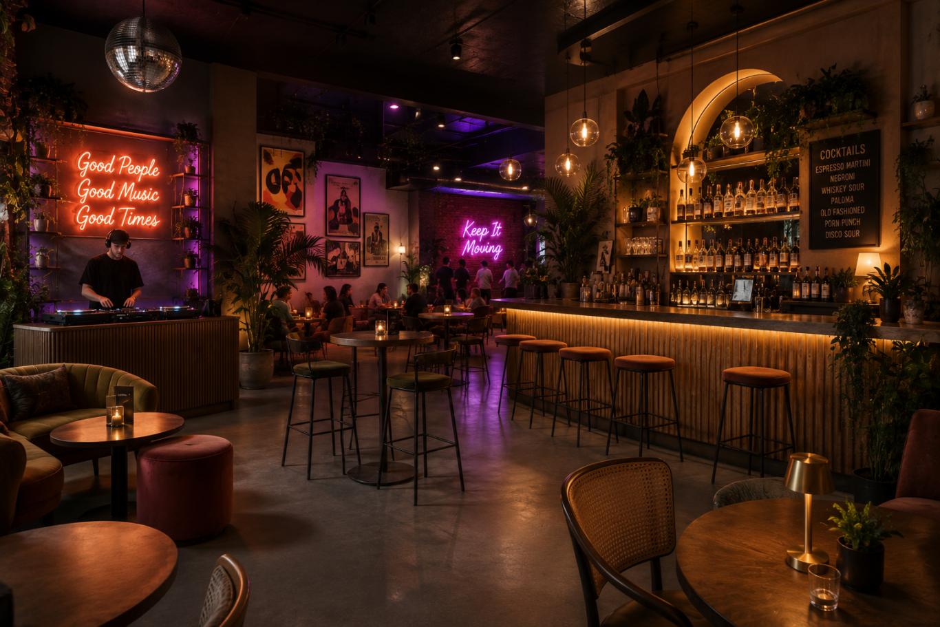 Cocktail Bar – Interior Design Contemporary cocktail bar interior with bar seating and feature lighting