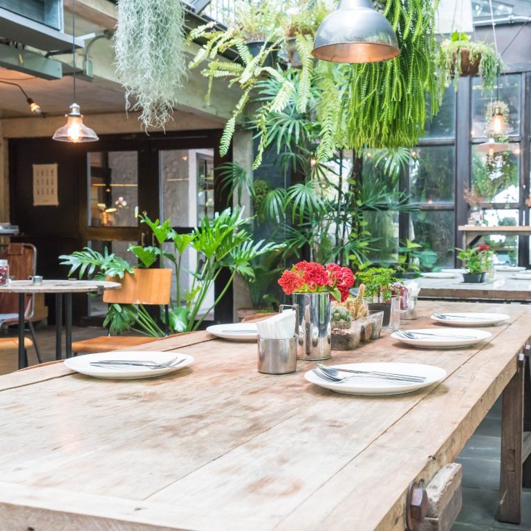 Restaurant interior with dining tables and hanging greenery