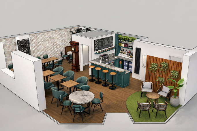 Modern café interior with seating, a bar, greenery, and decorative elements.