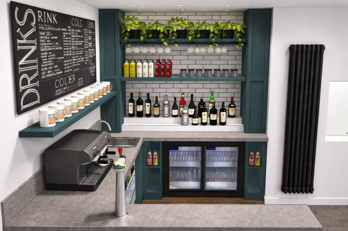 Bar area with shelves of drinks, bottles, and an espresso machine on a grey countertop.